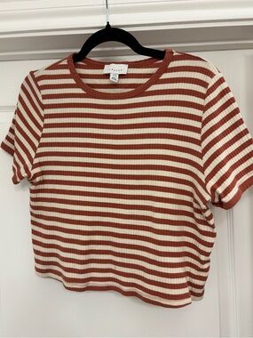 Topshop Rust and Cream Striped Ribbed Short Sleeve Tee